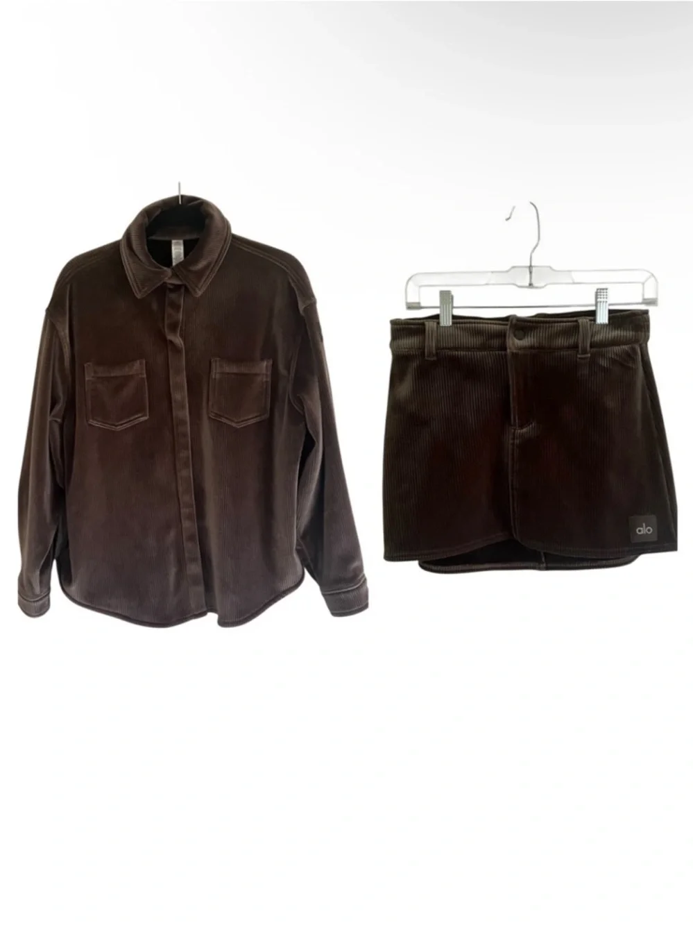Alo Yoga Ribbed Velour Baller Mini Skirt & Mountain Side Shacket in Macchiato